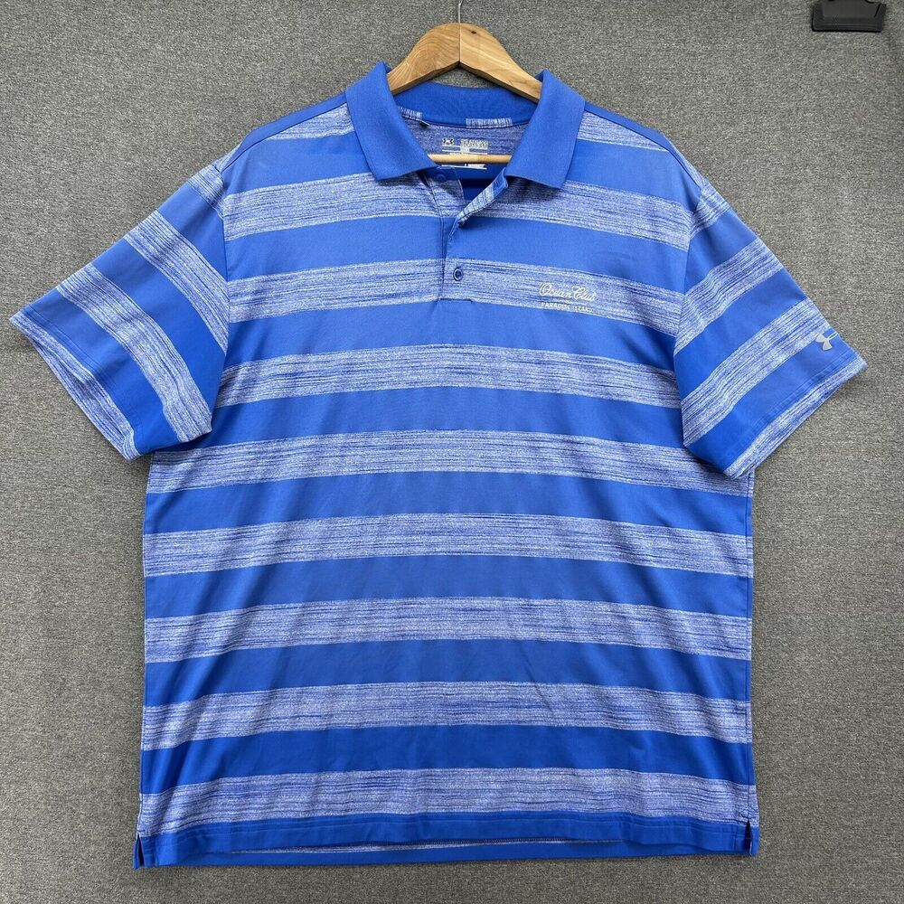 Under Armour Mens 2XL Blue Striped Short Sleeve Golf Polo Performance Shirt